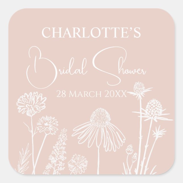 Blush-Wildblumen Sketch-Brautparty Quadratischer Aufkleber (Vorderseite)