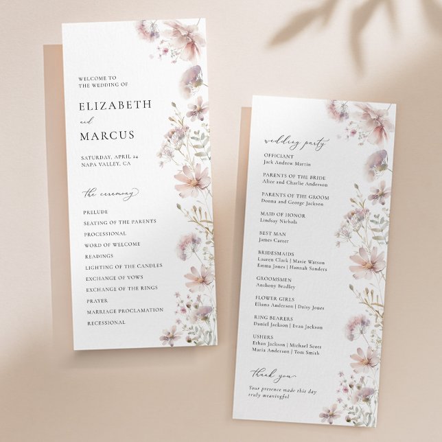 Blush-Wildflower-Boho-Hochzeitsprogramm Programm (Blush wildflower wedding program with elegant serif typography and soft floral design)
