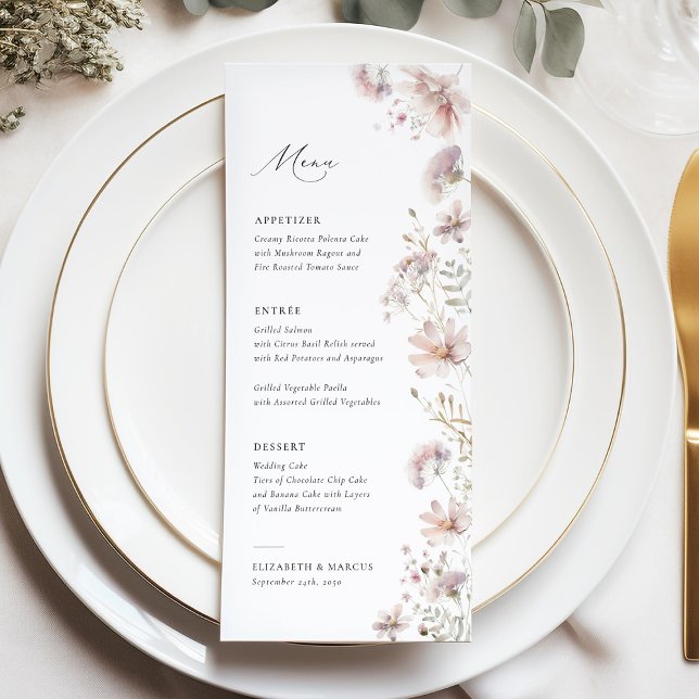 Blush Wildflower Boho Wedding Menu Menükarte (Blush wildflower boho wedding menu with soft floral design, elegant typography, romantic table style)