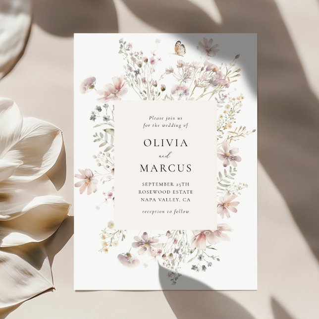 Blush Wildflower Elegant Serif Wedding Invitation Einladung (Blush wildflower garden wedding invitation with elegant serif typography and romantic floral frame)