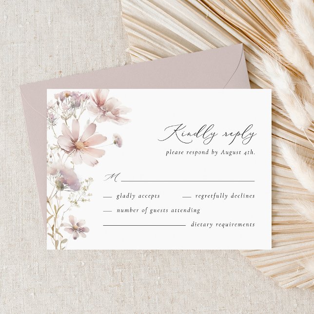 Blush Wildflower Floral Boho Wedding RSVP Card Karte (Blush wildflower wedding RSVP card with elegant script typography and soft floral design)