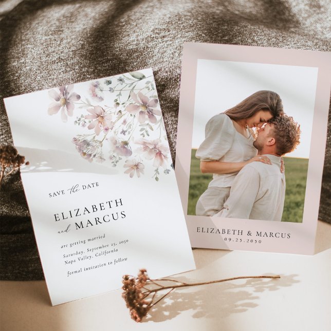 Blush Wildflower Minimal Wedding Save the Date (Floral save the date card with couple photo, blush wedding stationery flat lay mockup)