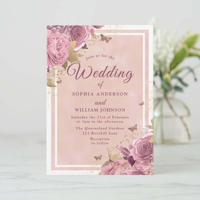 Blush Wonderland: Schöne Blush Bloral Wedding Einladung (Stehend Vorderseite)