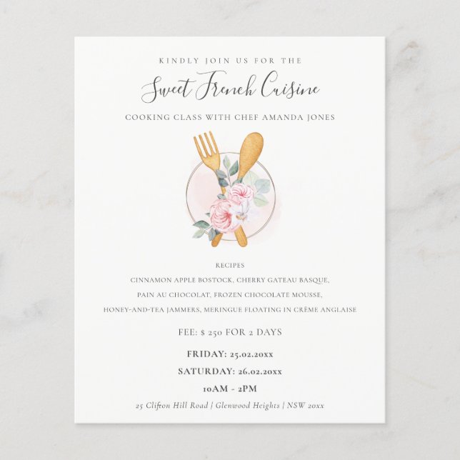 Blush Wood Spoon Gabel Blumengebäck Kochklasse Flyer (Vorne)