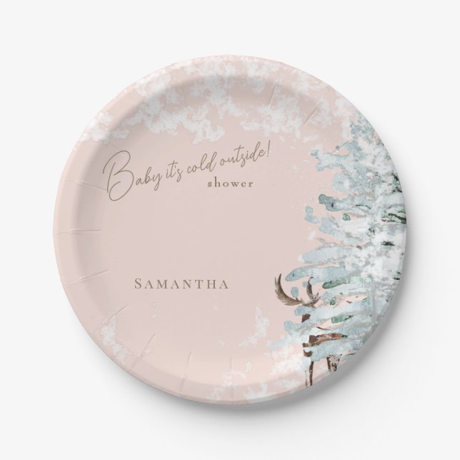 Blush Woodland Baby ist kalt draußen Pappteller (Vorderseite)