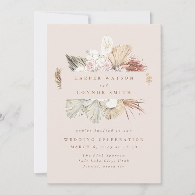 Blush Wreath Pampas Grass Floral Dschungel Hochzei Einladung (Vorderseite)