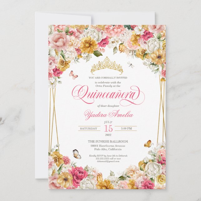 Blush Yellow Elegant Blumenbuttefly Quinceanera Einladung (Vorderseite)