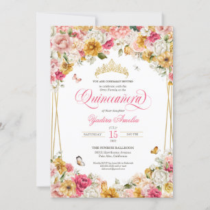 Blush Yellow Elegant Blumenbuttefly Quinceanera Einladung