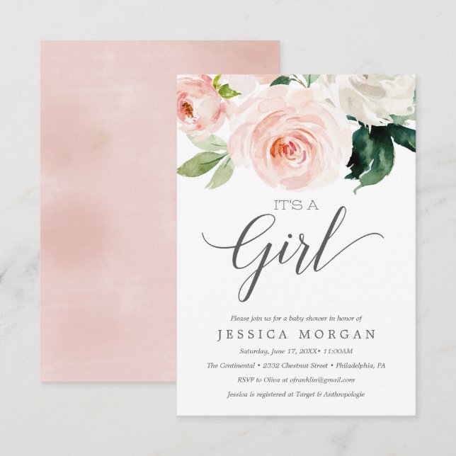 Blushing Blooms Baby Shower Einladungskarte (Vorne/Hinten)