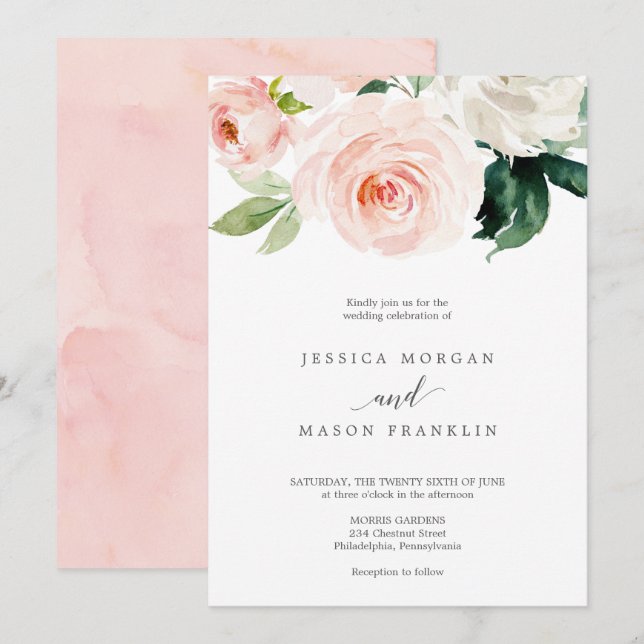 Blushing Blooms Hochzeitseinladung Einladung (Vorne/Hinten)