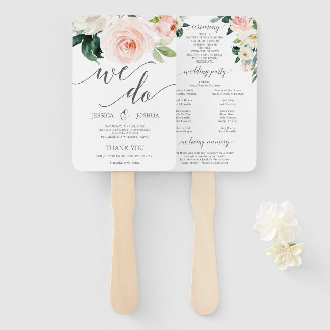 Blushing Blooms Hochzeitsprogramm Fans von Blume Fächer (Vorne und Hinten)