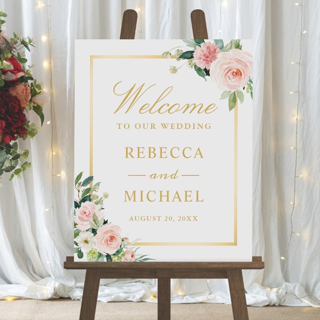 Blushing Floral Gold Rahmen Wedding Willkommenszei Poster (Von Creator hochgeladen)