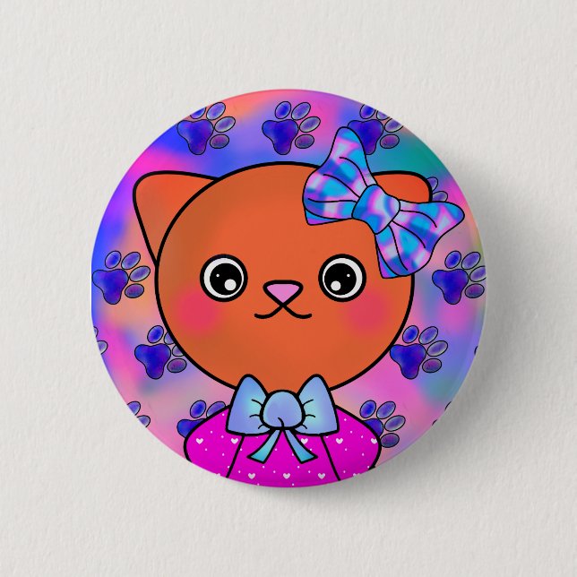 Blushing Kitty Niedlich Paw Prints Happy Smile Button (Vorderseite)