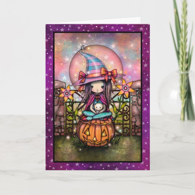 Blushing Moon Niedlich Hexe und Cat Art Karte (Vorderseite)
