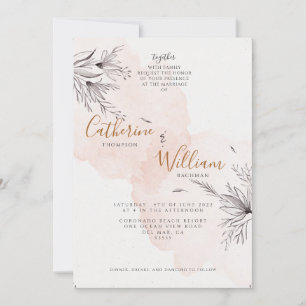 Blushing Peach Gray Floral Foto Hochzeit Einladung