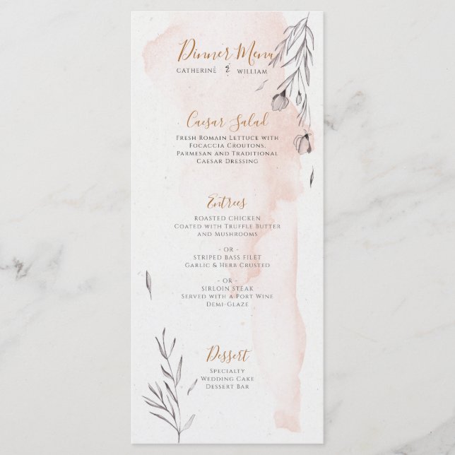 Blushing Peach Gray Watercolor Wedding Menu Menükarte (Vorderseite)