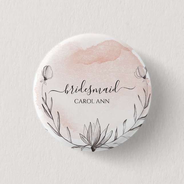 Blushing Peach Wassercolor Bridesaid Button (Vorderseite)
