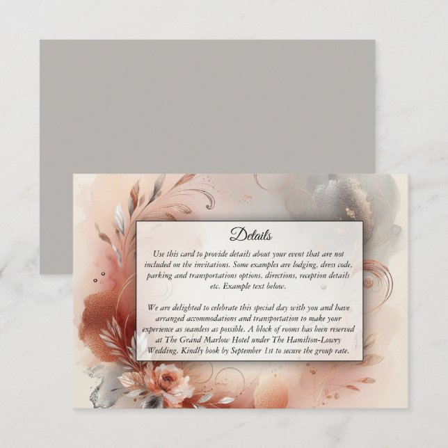 Blushing Petals and Silver Swirls Wedding Begleitkarte (Vorne/Hinten)