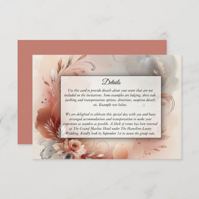 Blushing Petals und Silver Wirbel Hochzeit Begleitkarte (Vorne/Hinten)