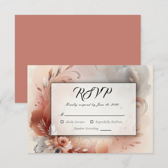 Blushing Petals und Silver Wirbel Hochzeit RSVP Karte (Vorne/Hinten)
