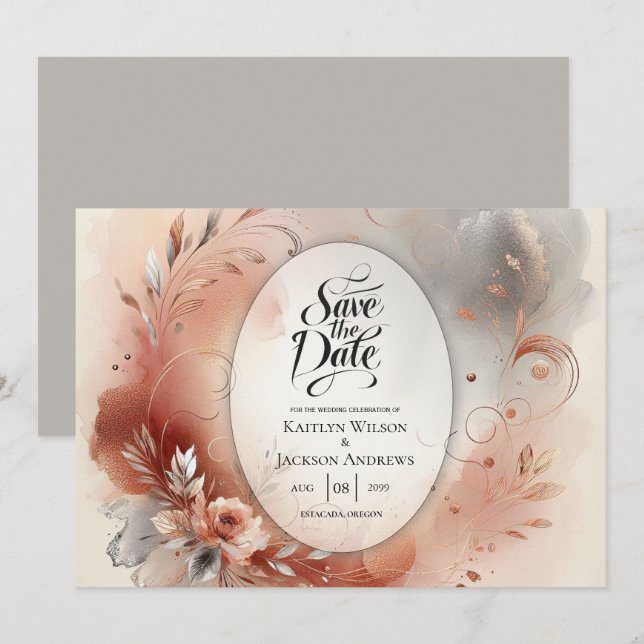 Blushing Petals und Silver Wirbel Hochzeit Save The Date (Vorne/Hinten)