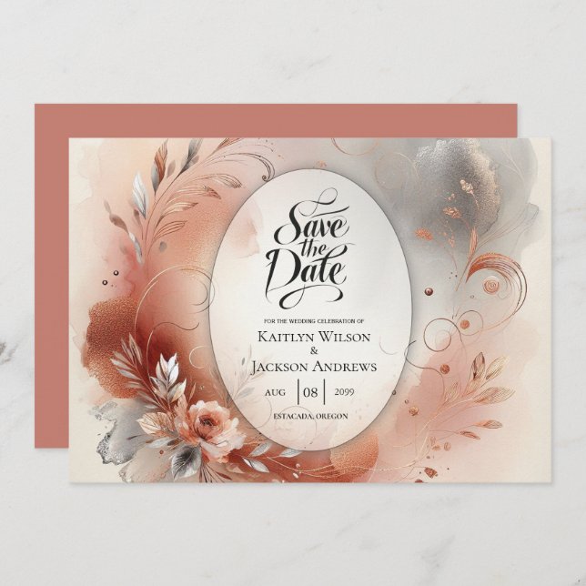 Blushing Petals und Silver Wirbel Hochzeit Save The Date (Vorne/Hinten)