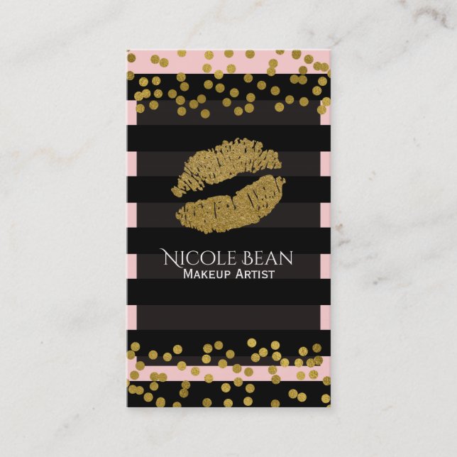 Blushing Pink & Black Stripes Gold Imitate Foil Do Visitenkarte (Vorderseite)