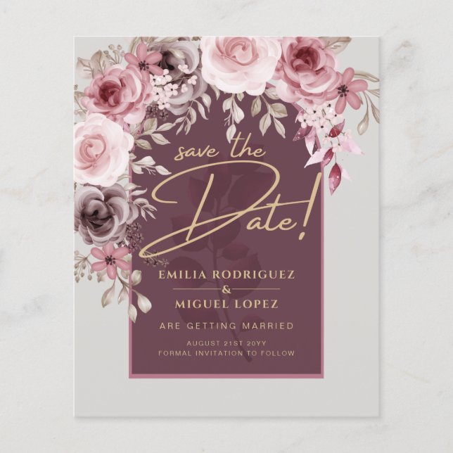 Blushing Pink Maroon Floral Hochzeit SPEICHERN DAS Flyer (Vorne)