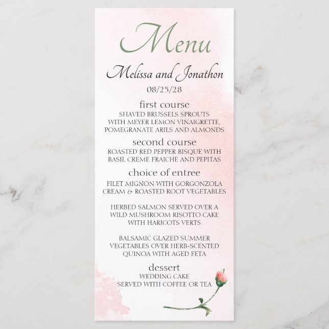 Blushing Pink Rose Floral Elegante Hochzeit Menükarte (Vorderseite)