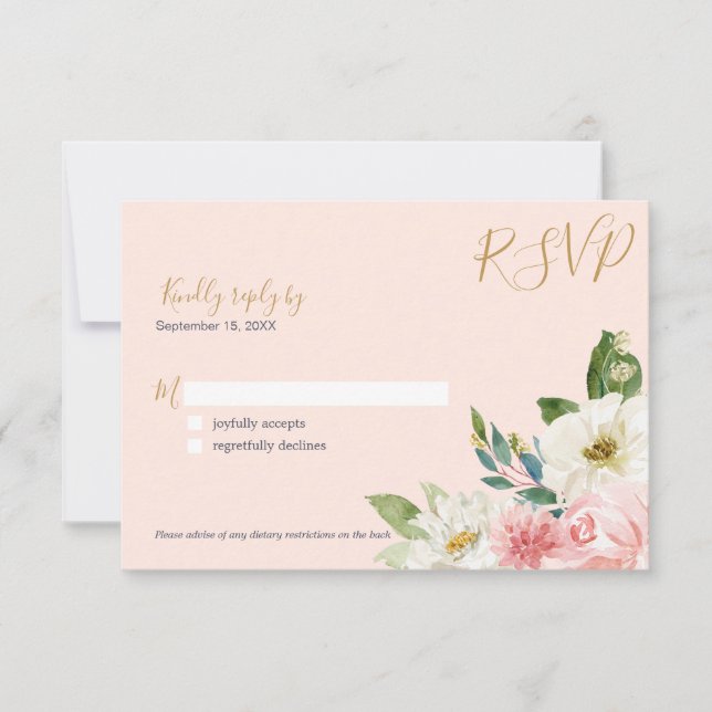 Blushing Rose Blush Pink Navy White Floral Wedding RSVP Karte (Vorderseite)