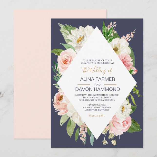 Blushing Rose Blush Pink White Navy Bloral Wedding Einladung (Vorne/Hinten)