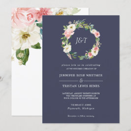 Blushing Rose Navy & White Wreath Monogram Wedding Einladung