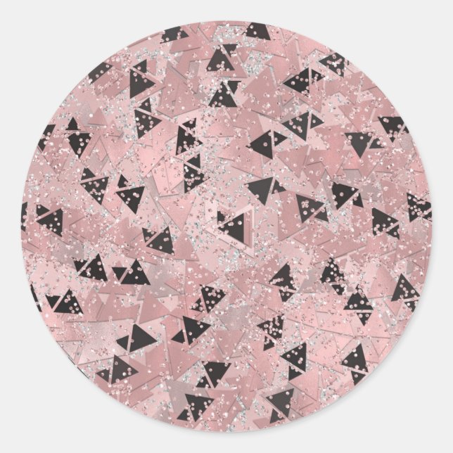 Blushing Rose Pink Gold & Black Triangle Muster Runder Aufkleber (Vorderseite)