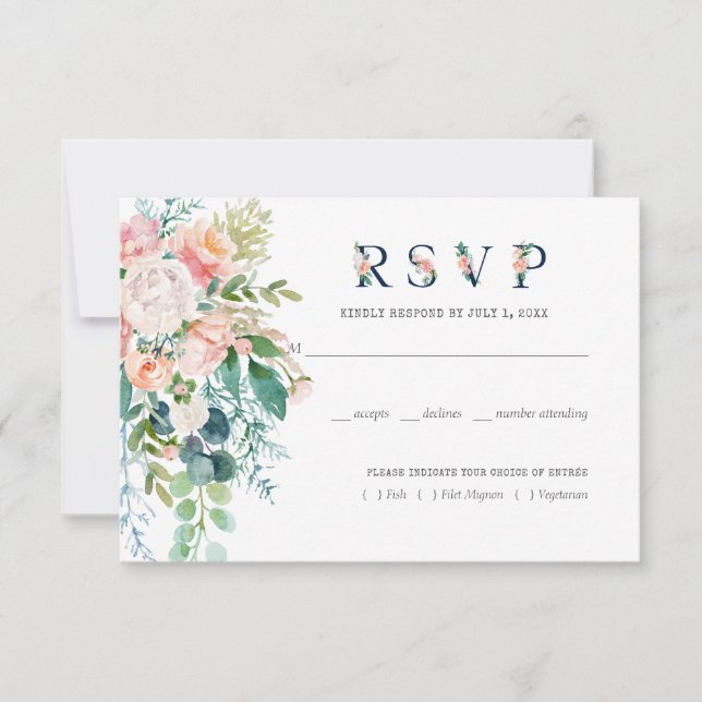 Blushing Summer Floral Wedding RSVP w/food (Vorderseite)