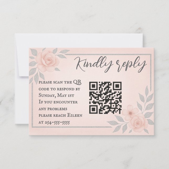 Blushing Vows QR Code Wedding RSVP Card (Vorderseite)