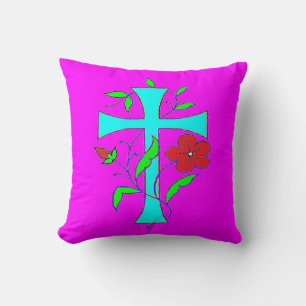 BLUSHÖRER PINK MIT BLAUEM KREUZ UND ROTER BLUME KISSEN