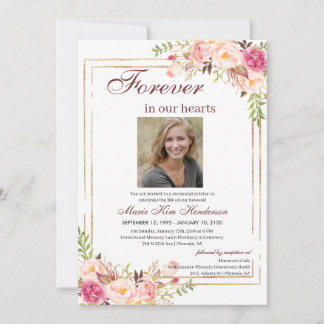BlushPink Boho Gold Memorial Service Funeral Photo Einladung