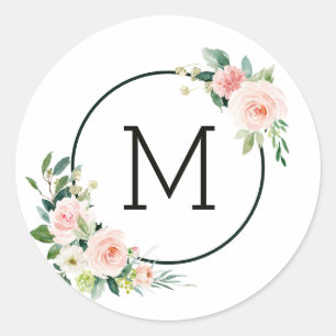 Blushrosa Wasserfarbe Bloom Monogramm Runder Aufkleber
