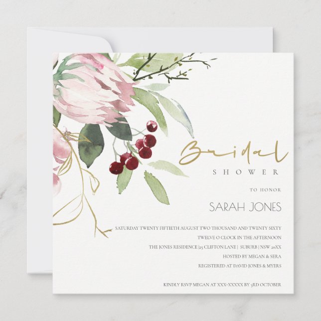 BLUSPINK BURGUNDY PROTEA FLORAL BRAUTPARTY EINLADUNG (Vorderseite)
