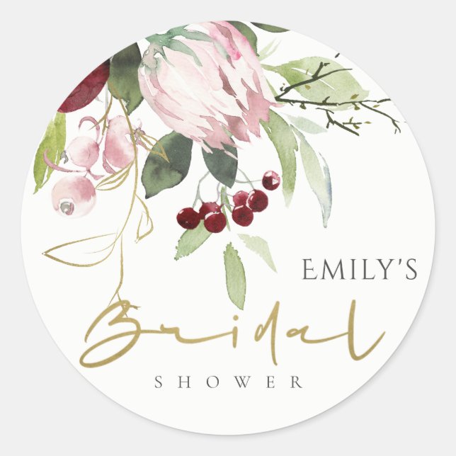 BLUSPINK BURGUNDY PROTEA FLORAL BRAUTPARTY RUNDER AUFKLEBER (Vorderseite)