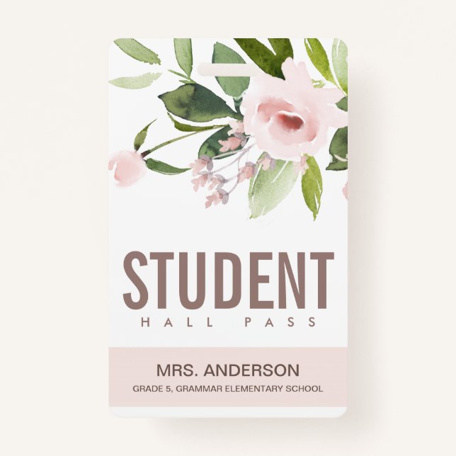 BLUSPINK ROSE FLORAL STUDENT LEHRER HALL PASS AUSWEIS (Vorderseite)
