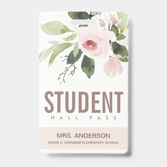 BLUSPINK ROSE FLORAL STUDENT LEHRER HALL PASS AUSWEIS (Vorderseite)