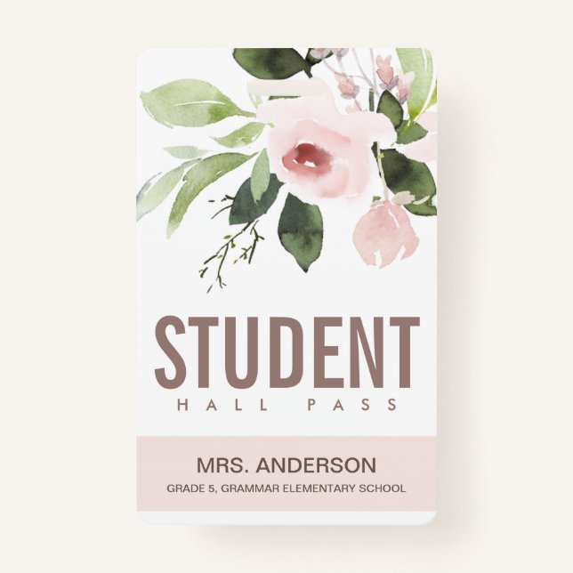 BLUSPINK ROSE FLORAL STUDENT LEHRER HALL PASS AUSWEIS (Vorderseite)