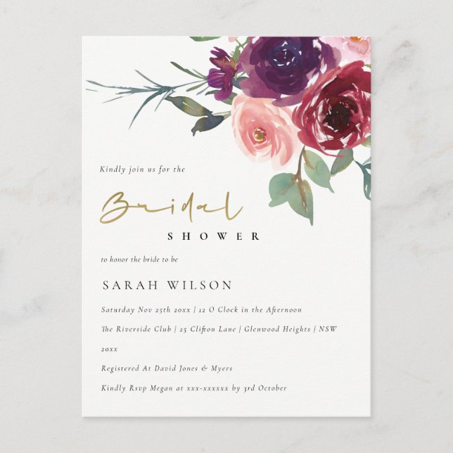 BLUSROTE ROSE WATERCOLOR FLORAL BRAUTPARTY EINLADUNGSPOSTKARTE (Vorderseite)