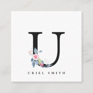 BLUSSBLAUE BLUE FLORAL ALPHABETS NAME LETTER U QUADRATISCHE VISITENKARTE