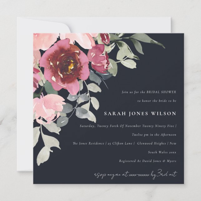 BLUSSCHWARZE ROTE ROSE FLORAL BRAUTPARTY INVITE DANKESKARTE (Vorderseite)