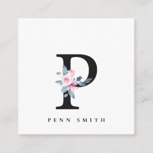 BLUSTER BLUE FLORAL ALPHABETS NAME LETTER P QUADRATISCHE VISITENKARTE