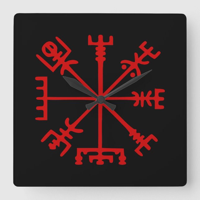 Blut Red Vegvísir (Viking Compass) Quadratische Wanduhr (Vorderseite)