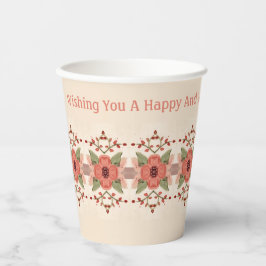 Blüte in rotem Pfirsich mit rosa Pappbecher