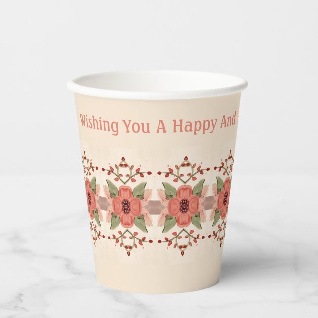 Blüte in rotem Pfirsich mit rosa Pappbecher (Vorderseite)